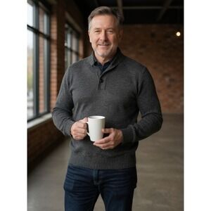 Pronto‎ Uomo Mens Sweater XL Gray 100% Wool Shawl Button Neck Pullover Knitwear